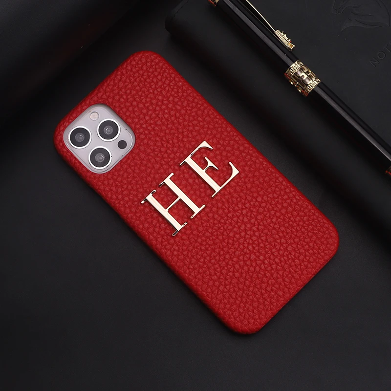 Leather Phone Case with Customized Name Big Gold Metal Letter Personalized Cover for iPhone15 14 13 12 11ProMax 16 15Plus