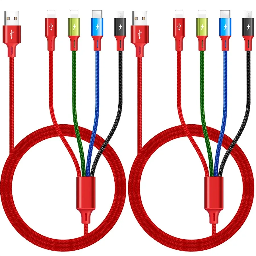 

Многофункциональный зарядный кабель 3,5 А, [2 шт. в упаковке 6 футов] 4 в 1, множественный зарядный шнур, плетеный адаптер нескольких USB-кабелей с Lightning Type C Micro