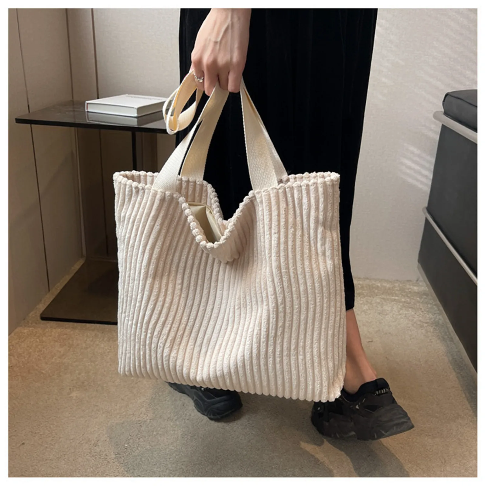 Soft Corduroy Handbags for Women Winter Shoulder Bag Vintage Casual Large Capacity Shopping Bags Ladies Commuter Zipper Totes