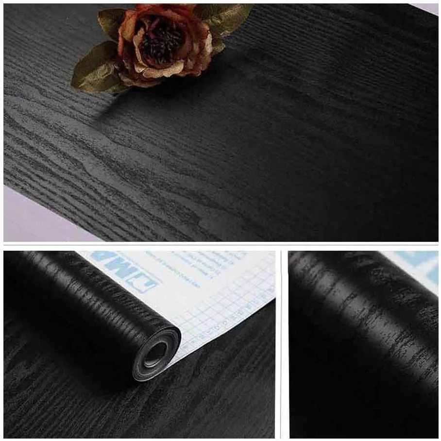 PVC Wood Grain White And Black Self Adhesive Wallpaper Closet Waterproof Kitchen Bedroom  Furniture Door Renovation Wall Sticker