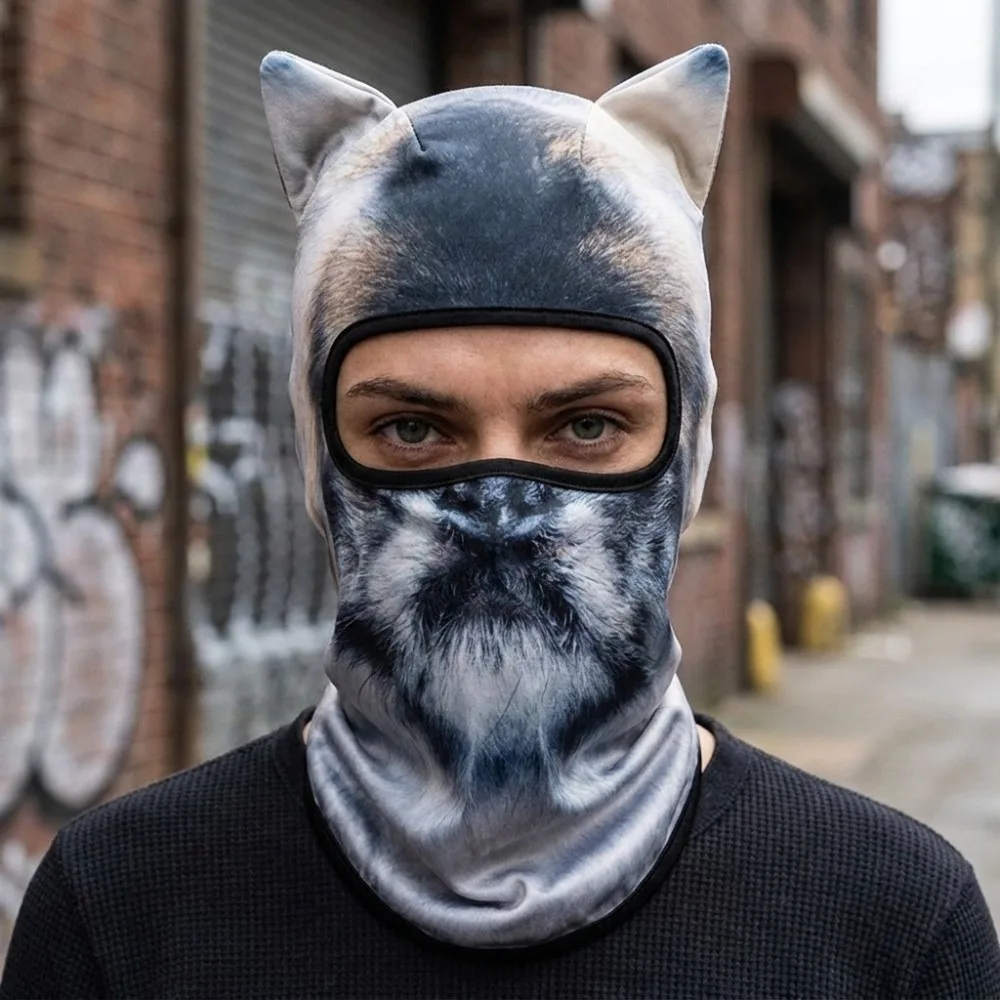 Windproof Cycling Balaclava Hat Thick Lined 2D Flat Animal Pattern Full Coverage Mask Polyester Machine Washable Sports Headwear