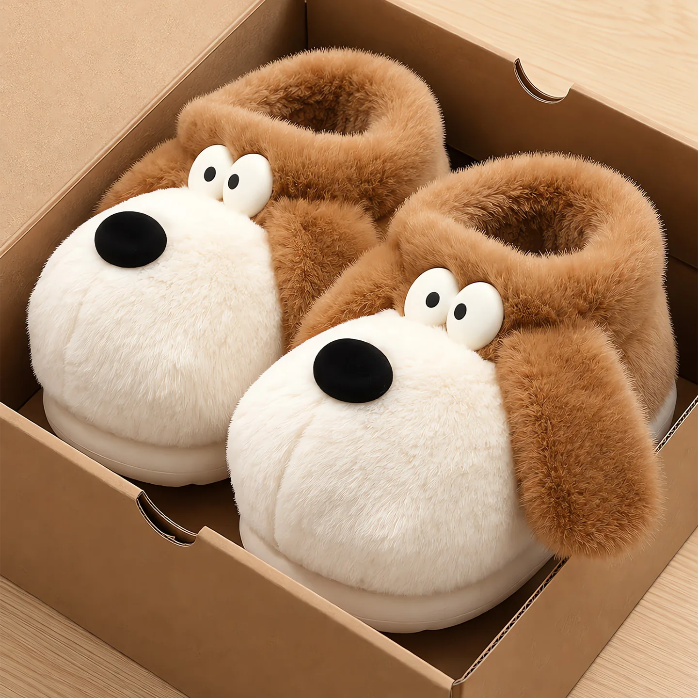 Koreanischer Stil, niedliche Welpen-Hausschuhe aus Plüsch, Damen, Winter, warm, mit weicher Sohle, für drinnen, flauschig, rutschfest, Hausschuhe. – Detail 1