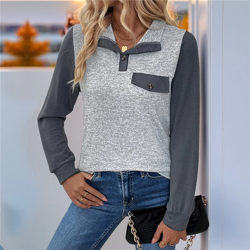 

НОВИНКА-женский повседневный пуловер с цветными блоками, длинными рукавами, воротником на пуговицах и лацканами, свободная лоскутная блузка Y2K, уличная одежда