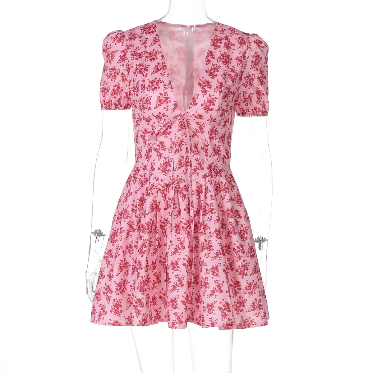 2025 الأزهار طباعة الخامس الرقبة قصيرة الأكمام الدانتيل يصل زمم مثير سليم مطوي فستان قصير الصيف ملابس أنيقة حفلة عطلة #5