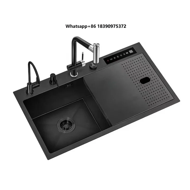 DN High-End Square Four Hole Double Bowl Smart Kitchen Sink Stainless Steel Handmade with Cup Rinser 304 Nano Black