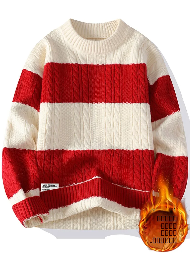 

Red Striped Men's Knitwear Winter Thiened Fce round Ne Sweater Warm Couple's Cable irt Casual Loose Fit Long Sve