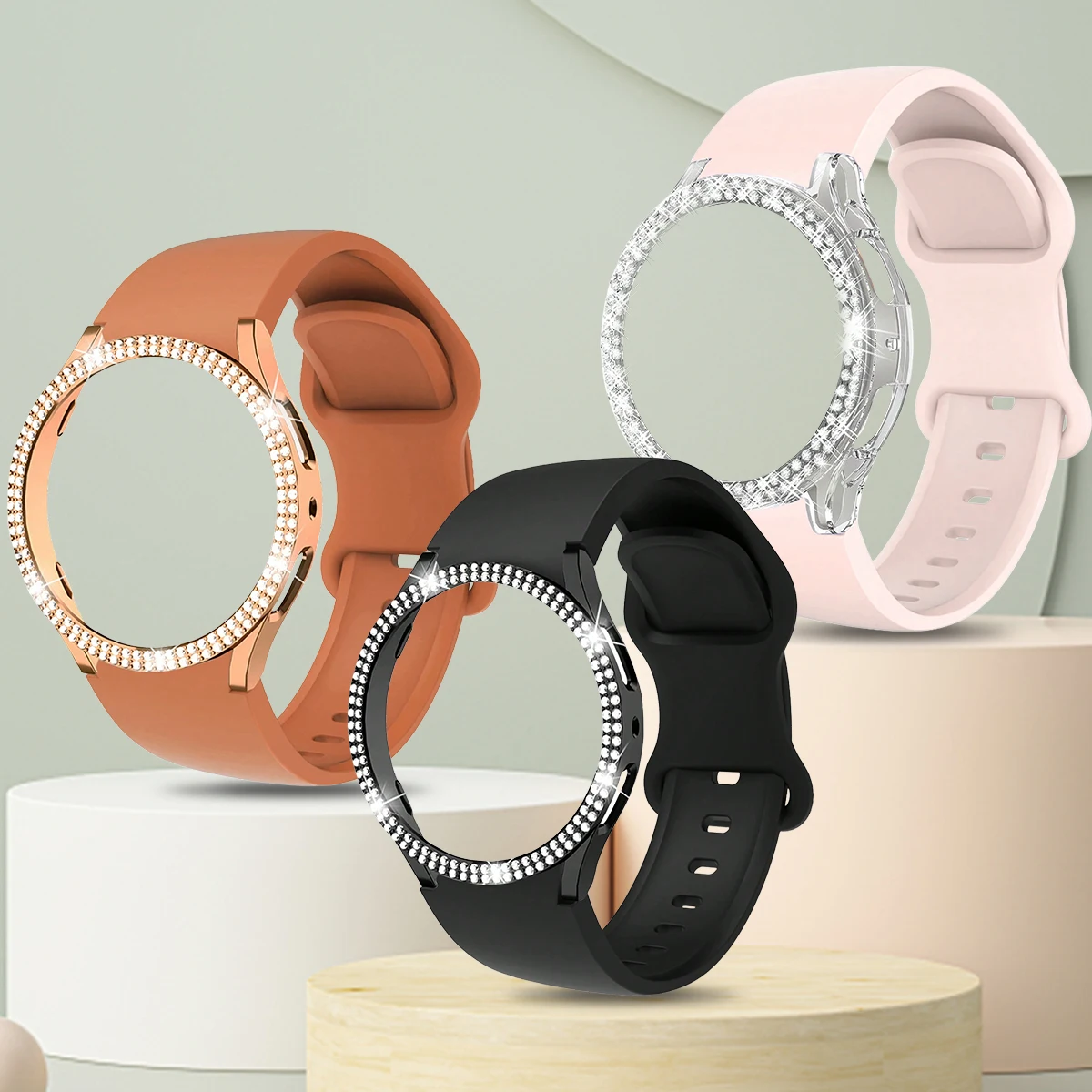 Soft Silicone Watch Band with Double Row Diamond Hollow Case for Samsung Galaxy Watch4 5 6 7 40/44mm Athleisure Style