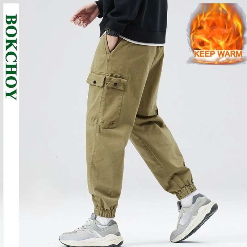 

2025 Winter New Velvet Thick Cargo Multi-pockets Trousers for Men Clothing Comfort Cotton Fashion Male Pants GF259301