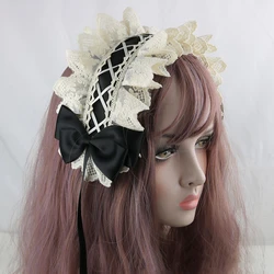 Punk Retro Gothic Lolita nakrycie głowy KC Cosplay ciemny czarny styl pokojówka Anime koronkowa kokarda wstążka z pałąkiem na głowę akcesoria Kawaii