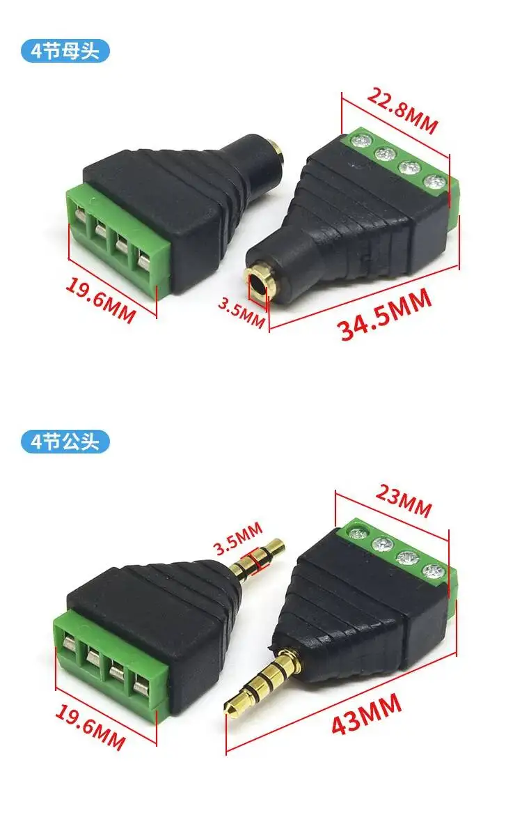 2 Stück 3,5-mm lötfreier, vergoldeter Anschlussblock Kopfhörer-Audio-Stecker Buchsenadapter Dual-Channel 2/3/4-polig – Detail 3