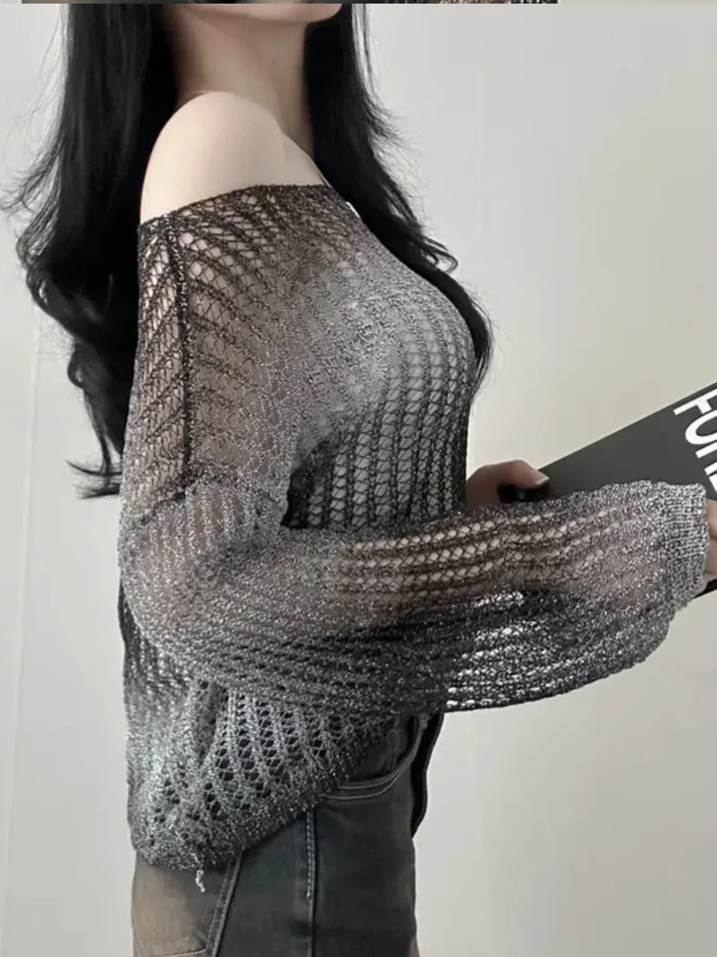 Csa de Malha Fena Nova 2025 com Decote Redondo, Manga Longa, Estilo Coreano, Oversized, com Design Vazado em adiente...