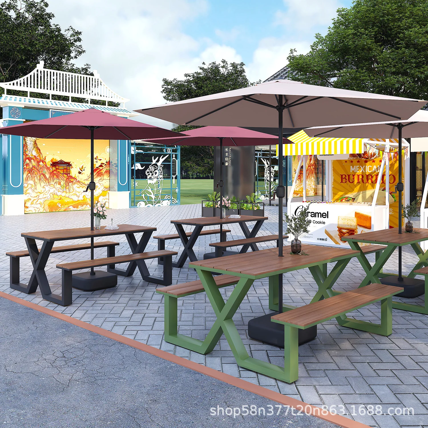 Outdoor table and chair set with umbrella, simple combination, courtyard park, milk tea barbecue shop, cafe, one-piece dining