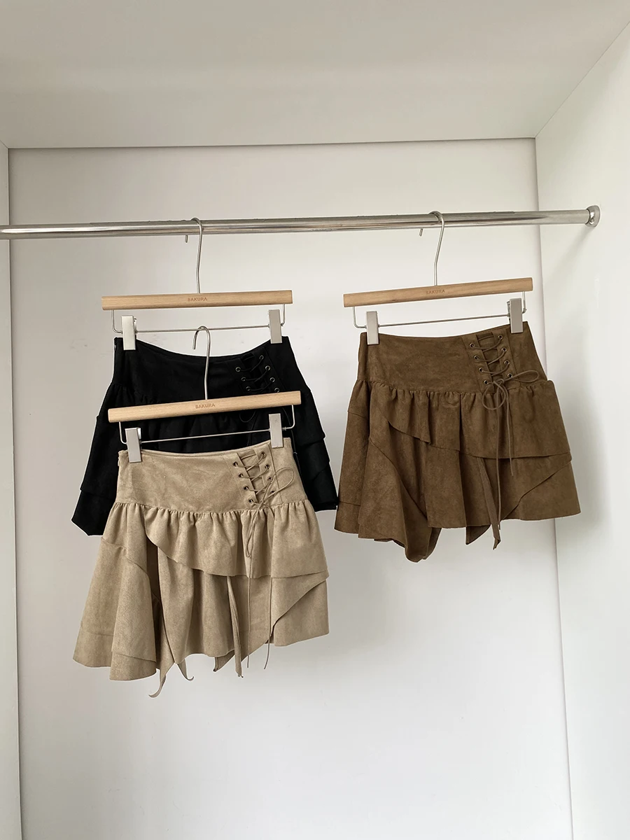 

Chic American Retro Spicy Girl Asymmetrical Tie Waist Slimming ort Skirt for Women Commute High Waist Polyester Fiber