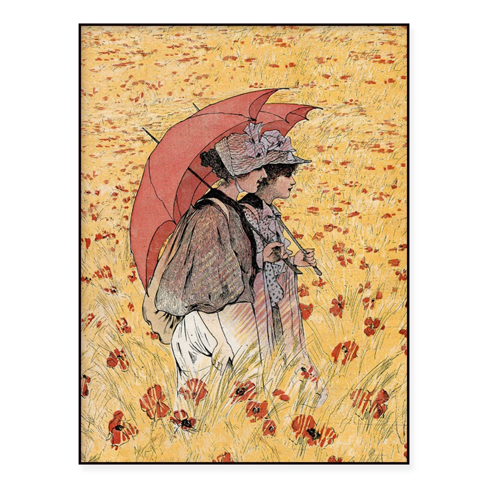 Old friends walking in the poppies field Print • Antique magazine illustration • Poppies, Art Nouveau style, 1920s Art Deco post