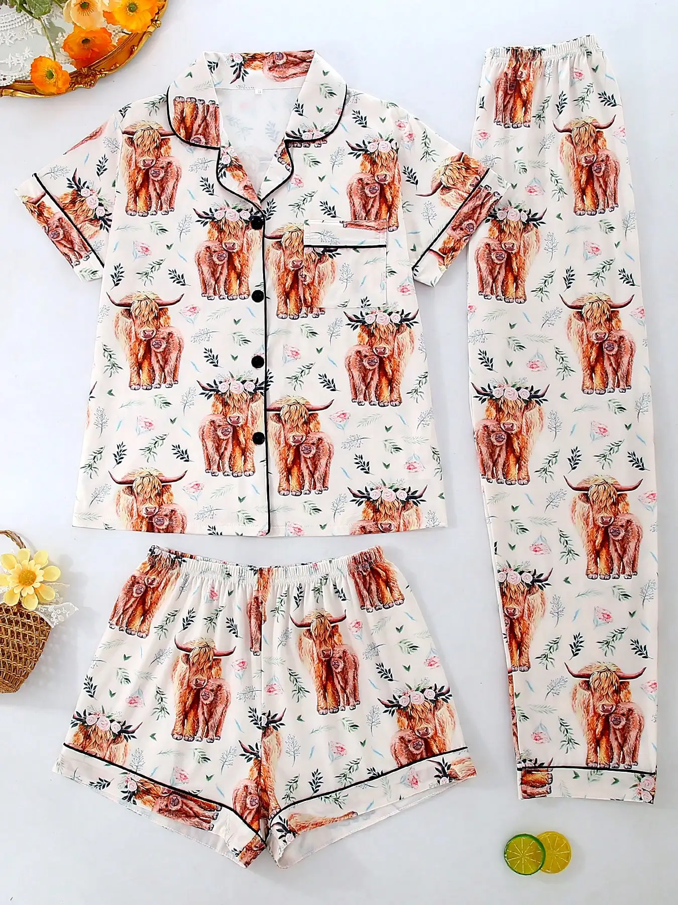 

3-Piece Women's Pajama Set with Short & Long Pants, Floral-Cow Print, Button-Front Short Sleeve, Loose Fit