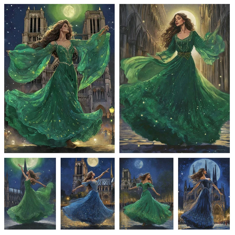 5D DIY Diamond Painting Woman Dancing Under the Moonlight Embroidery Fantasy Cartoon Cross Stitch Mosaic Home Decor Gift