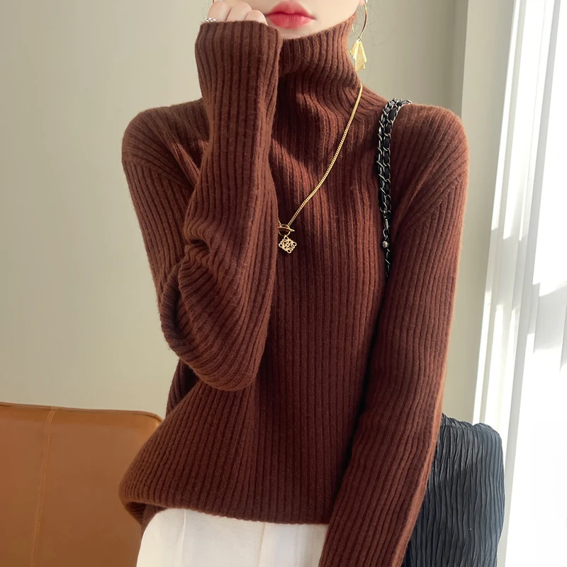 Women Wool Top Boutique High-End Solid Color Soft Knit Sweater High Collar Cozy Casual Versatile Fashion Elegant Women's Clothes