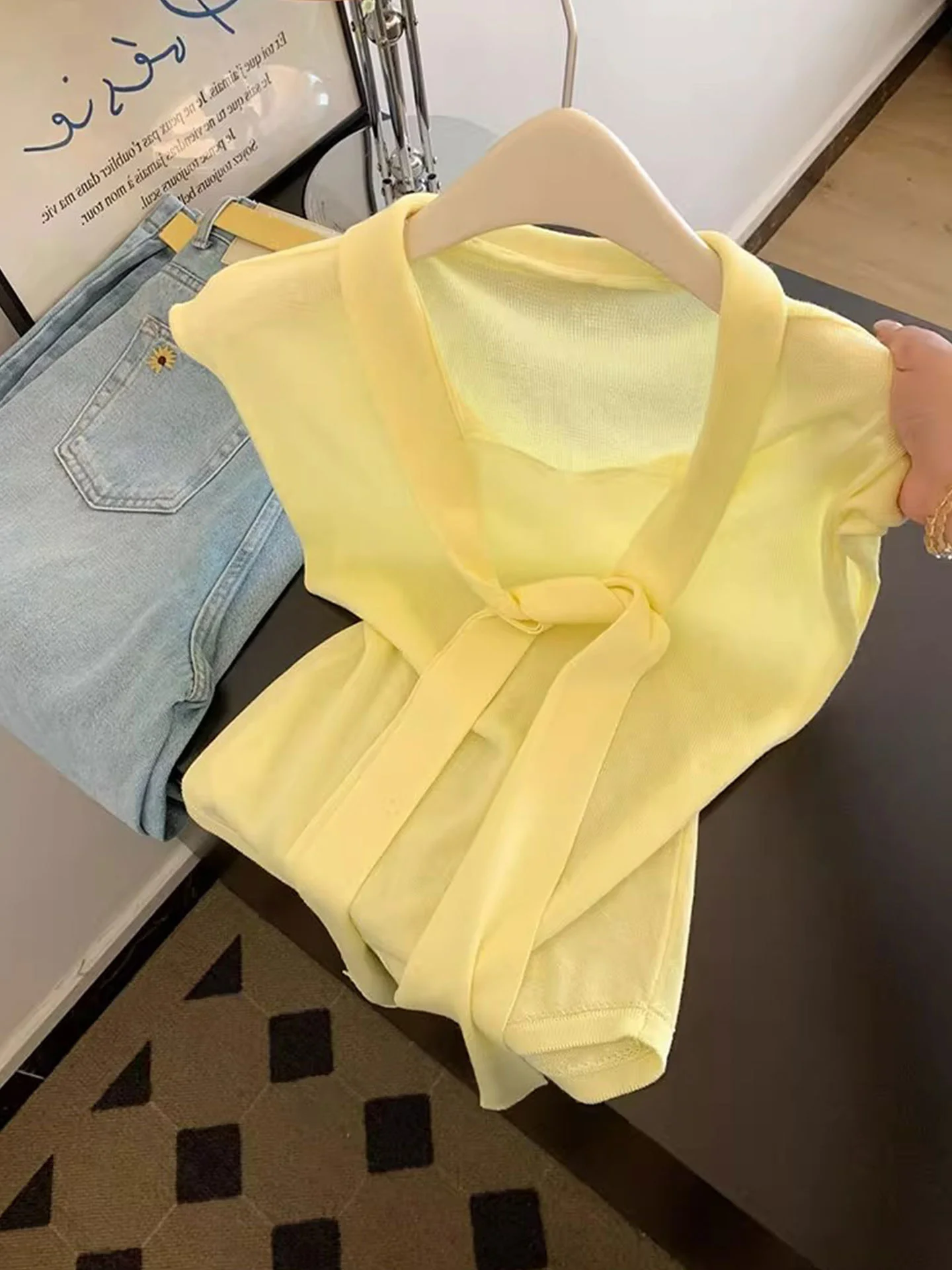 

Шелковая трикотажная футболка Ele Gentle Breeze Sa, летняя, из ледяного шелка, женская, модная, в корейском стиле, прямого кроя