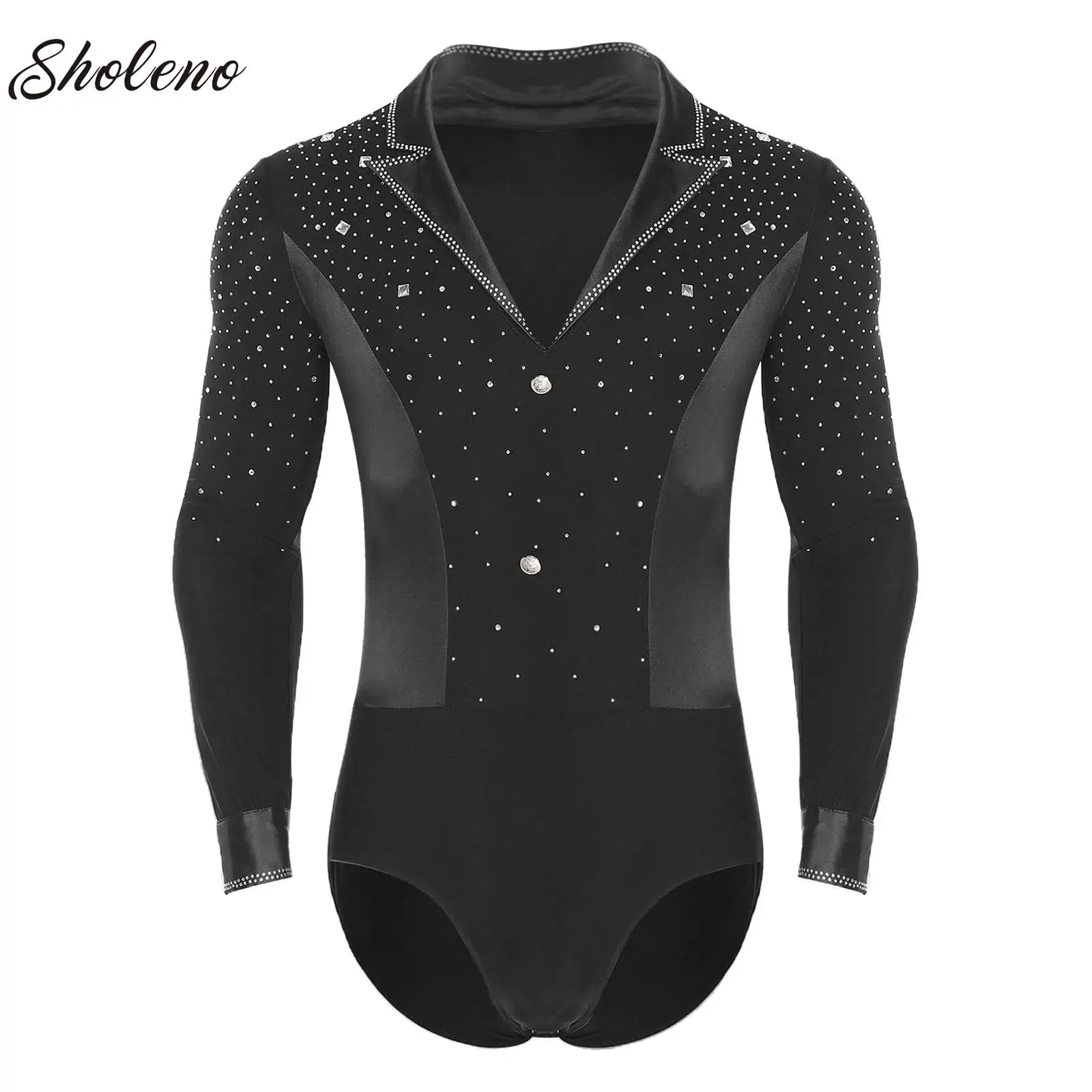 

Mens Rhinestone V Neck Dance Shirts Ballroom Modern Latin Tango Rumba Chacha Rhythmic Gymnastics Leotard Bodysuit Dancewear
