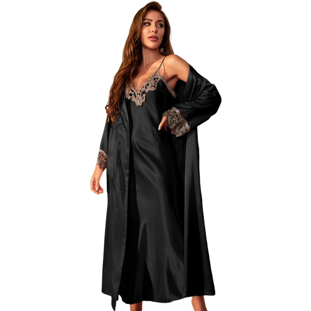 Sexy Lace Trim Pajama Set 2PCS Long Sleeve Robe With Belt And V Neck Slip Dress Suit Loose Casual Women's Sleepwear Loungewear