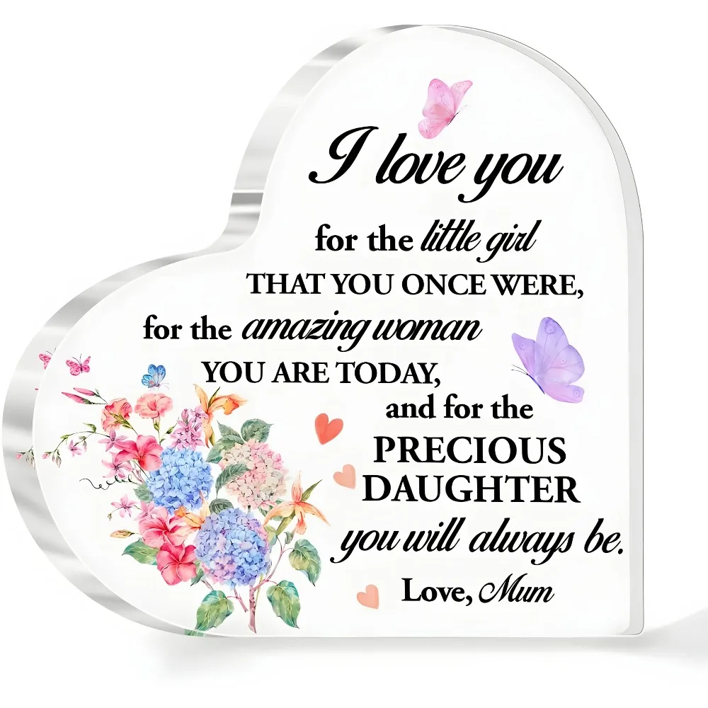 Mum To Daughter Sentimental Acrylic Heart Ornament Keepsake Birthday Gift,Watercolor Hydrangea Flower Acrylic Heart Table Decor for Precious Daughter