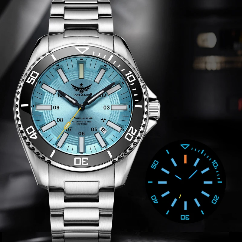 YELANG Automatic Mens Green Water Ghost Watches H3 T100 Self Luminous Wristwatch Waterproof 300m Turning Ceramic Bezel V1032