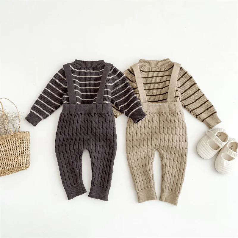 Newborn Baby Girl Boy Striped Knitted Sweater Suspender Pant Child High Waist Solid Color Trouser Pullover Baby Clothes 3-18M