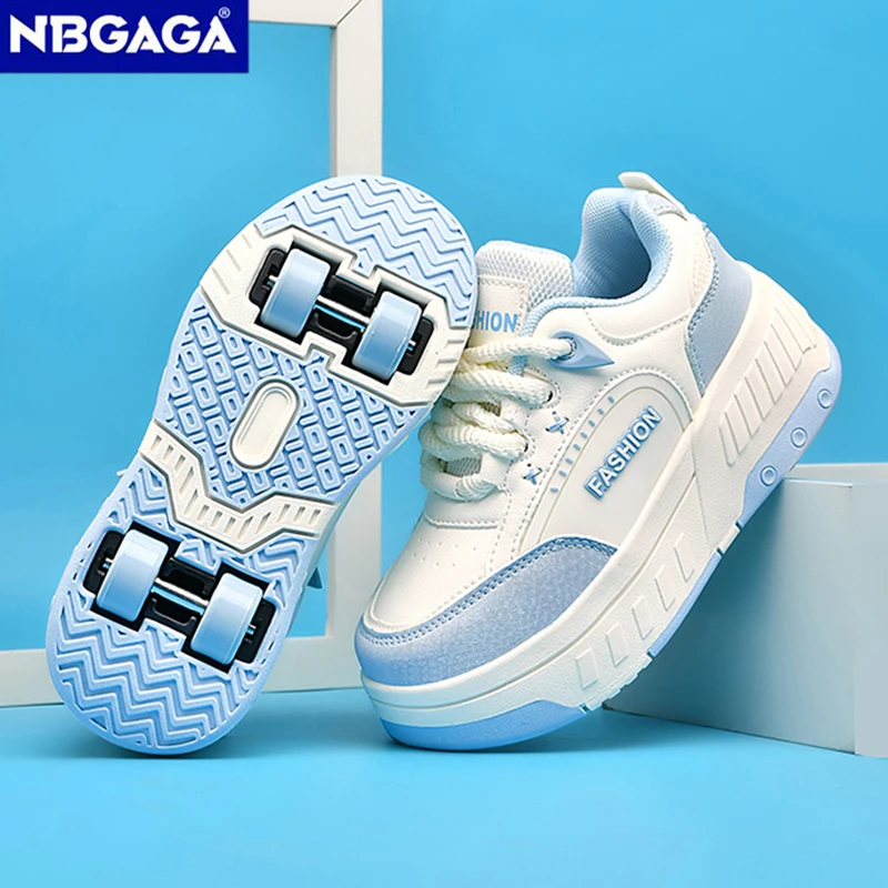 Lace-up Outdoor Breathable Walking Shoes For Children Boys Girls Fashion Four-wheeled Retractable Sports Roller Skates Sneakers