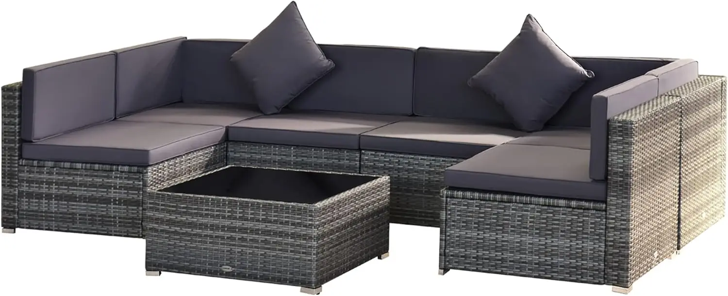 Outsunny 7-Piece Patio Furniture Sets Outdoor Wicker Conversation Sets All Weather PE Rattan Sectional Sofa Set with Cushions &