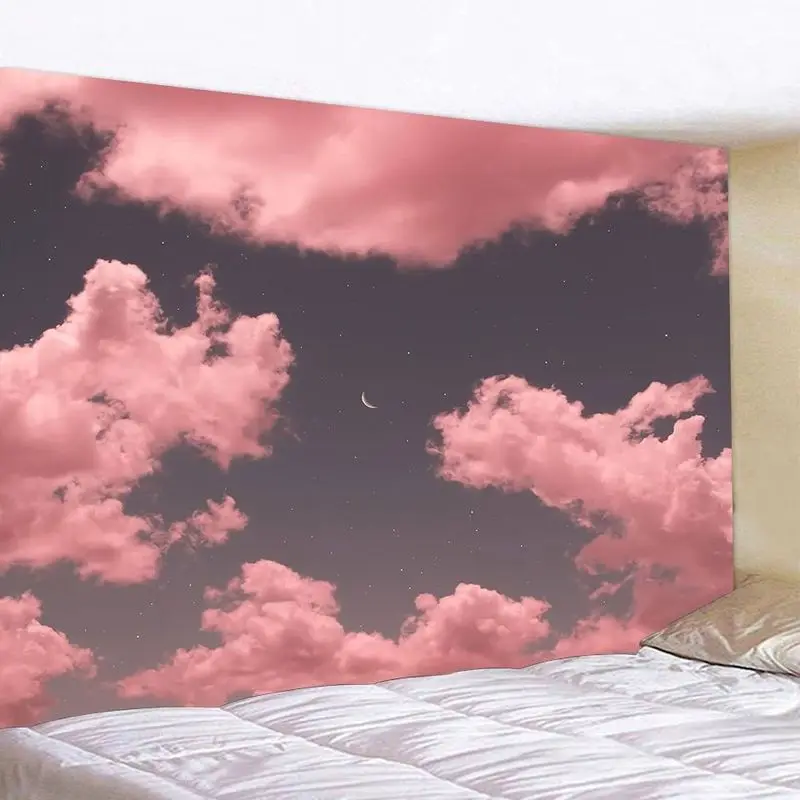 VIKAMA Purple Pink Curved Moon Cloud Tapestry, Ethereal Wall Hanging Background Cloth for Mystical Living Room Aesthetic Decor