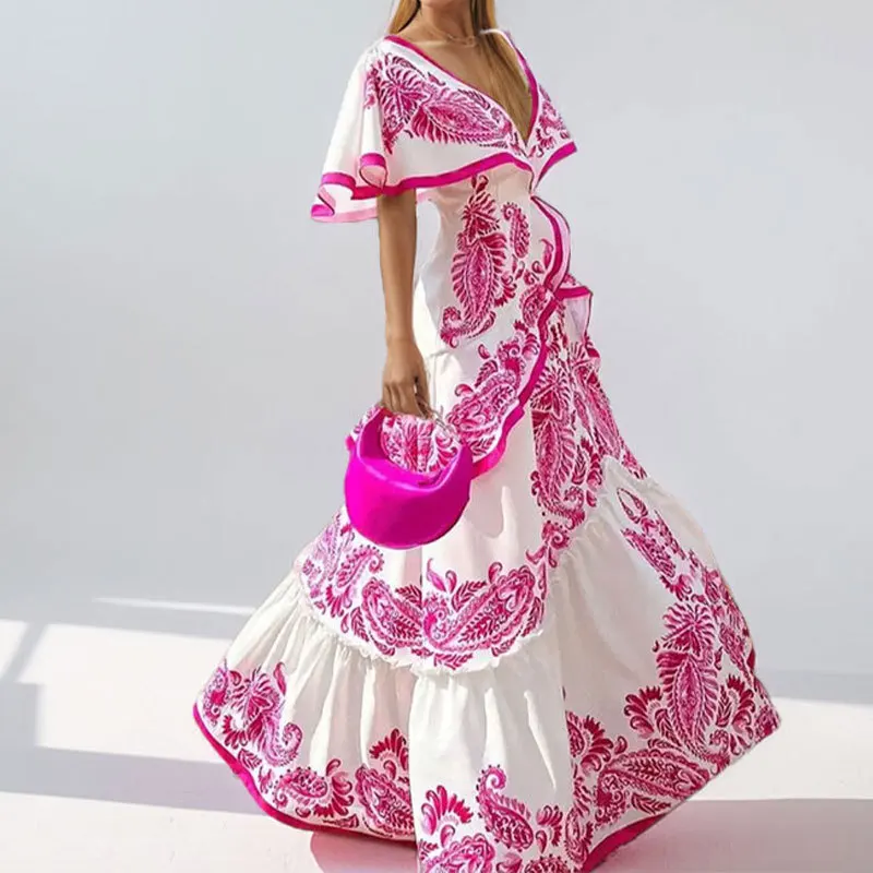

TOY-Women's Spring New Elegant Vacation Style DeepVFashionable Ruffle Hem Printed Dress