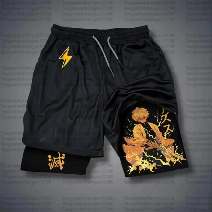 Bandai Demon Slayer Men Dual Function Running Shorts Impressão de alta qualidade Secagem rápida Respirável Armazenamento de camada dupla