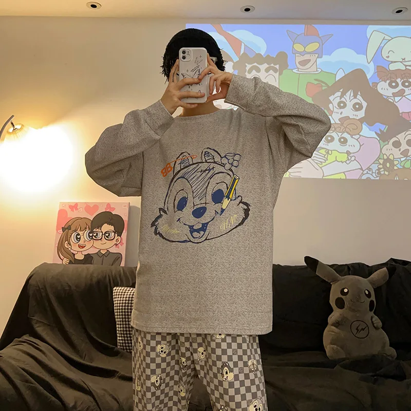 

New Men's Pajamas Fall and Winter Long-sleeved Round Neck Gentle Comfortable Teenage Cartoon Squirrel Boys Casual Home Wear Suit