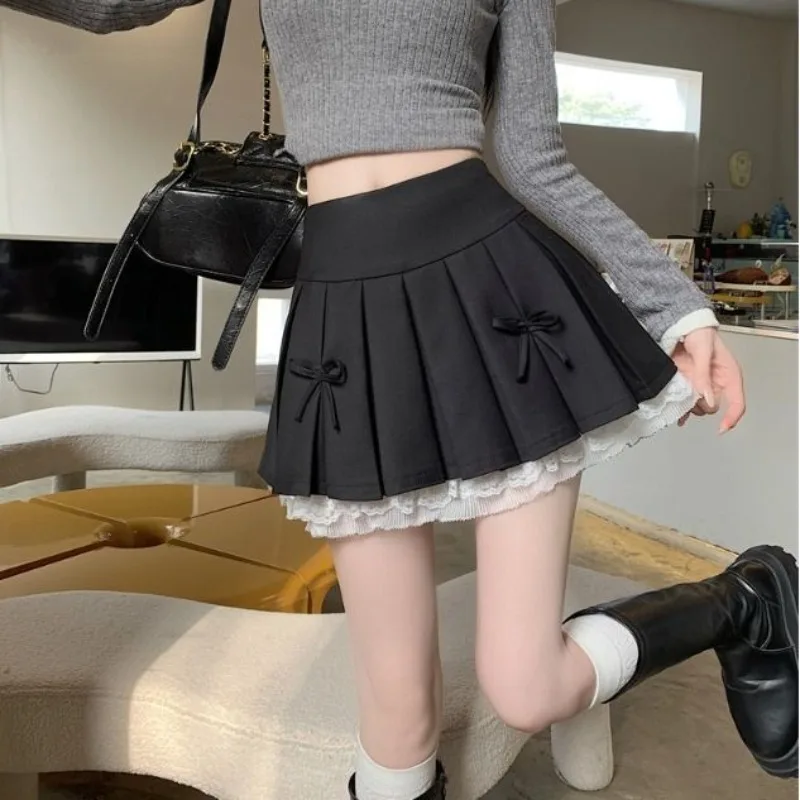 

New Black Suit Skirt Women's Summer High Waisted A-line Bow Pleated Short Dresses Fashion Streetwear Small Umbrella Miniskirts