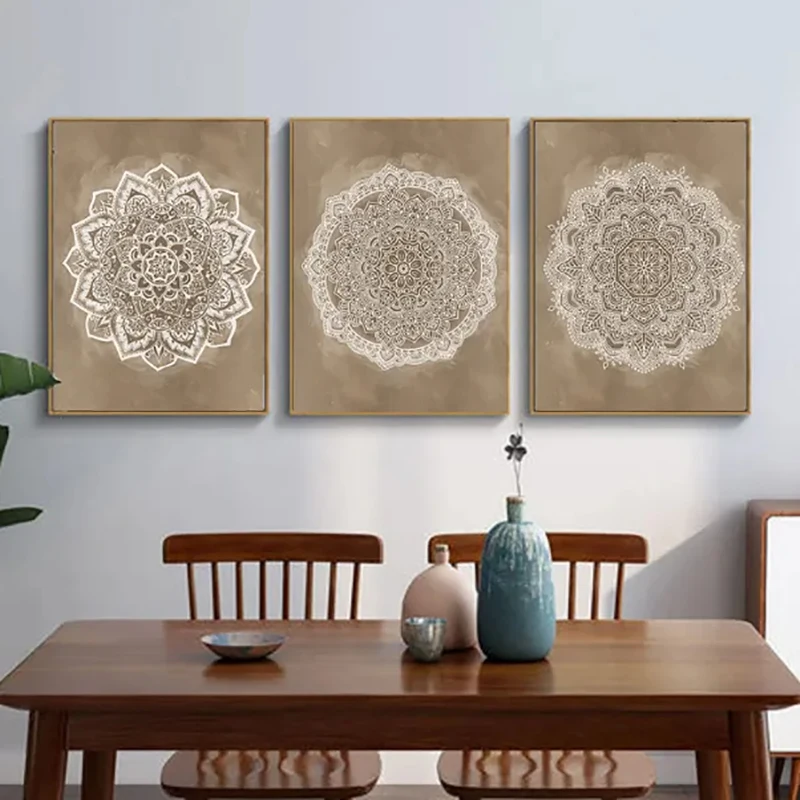 

Boho Mandala Canvas Painting Neutral Tone Poster Living Room Bedroom Wall Art Bohemian Floral Home Interior Decor Picture