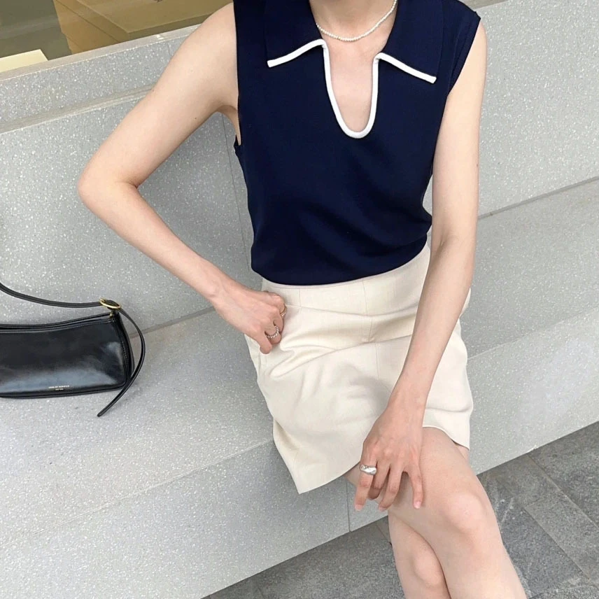 Viscose Lapel Collar V-neck Tank Top Women\'s Spring/Summer Breathable Top Chic Korean Fashion 2024 New In Girl Clothing