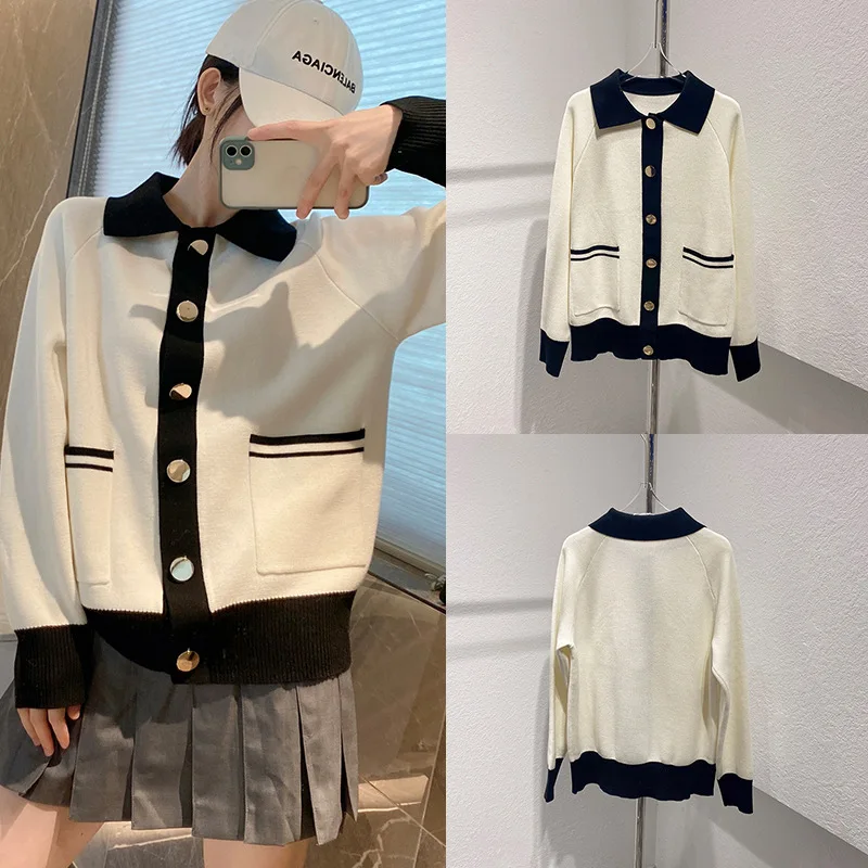 

High-End European Sle Knitted Open Cardigan Loose Casual Loose Collar Color Blo Sweater Outerwear for Women