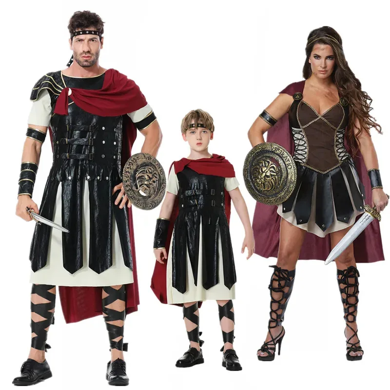 

Halloween Purim Adult Ancient Roman Warrior Spartan Gladiator Costume Knight Julius Caesar Costumes for Men Women Kids