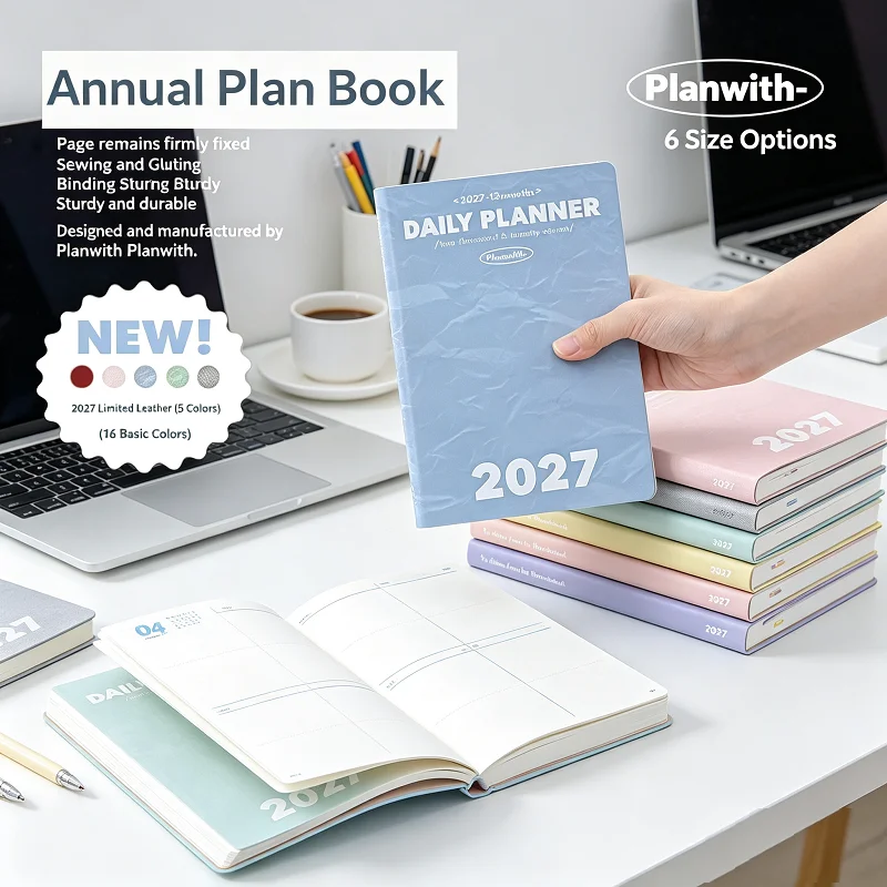 Planwith 2027 A5 Kawaii Aesthetic Soft PU Cover Notebook Daily Weekly Monthly Planner Efficiency Journal New Arrival