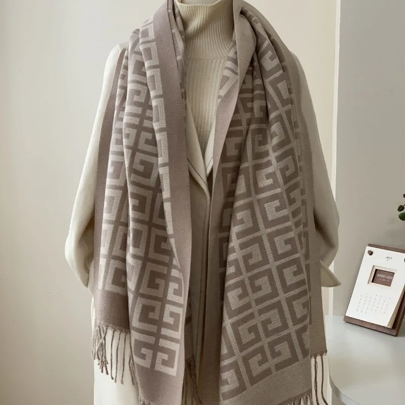 Luxury Two Way Scarf 2025 for Women Winter Warm Faux Wool Blend Reversible Wrap Elegant Design Christmas Gift Free Shipping