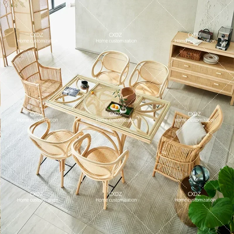 Natural Rattan Dining Table Chair Set Rectangular Full Vine Homestay Hotel Restaurant Villa Dining Table