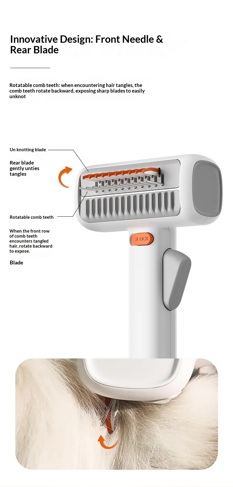 Petgravity 2-in-1 Entfilzungs- und Enthaarungskamm für Hunde und Katzen mit Drehbarem Stift und Sicherer 2mm Klinge für Einfache Haarentfernung – Detail 2