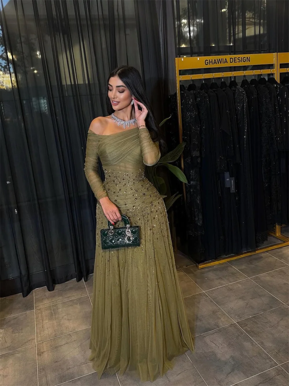 Sansa Customized Olive Modest Flared Off Shoulder Prom Dresses Glitter Stone Sheer Long Sleeve vestidos de noche Wedding Party 2