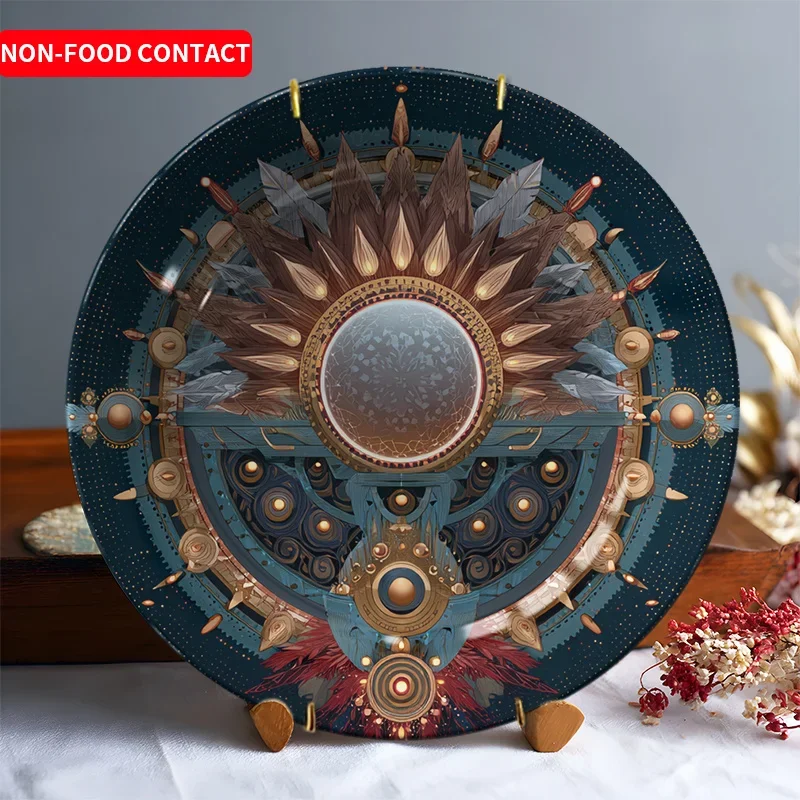 1pc Elegant Ceramic Decorative Plate - Non-Food Contact Safe Table Decor with Teal Blue, Golden, Brown & Beige Feather Pattern