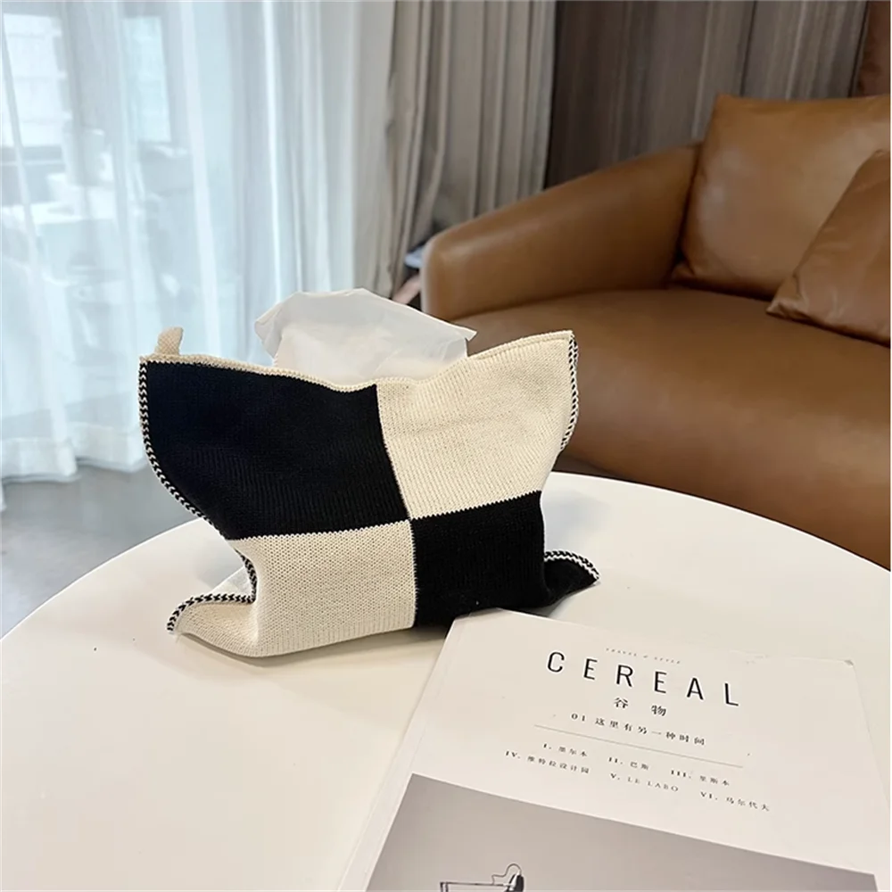 Decoration Knit Desktop Tissue Box Foldable Reusable Heart and Plaid Napkin Cover Dustproof Home Livingroom Car Paper Towels Bag