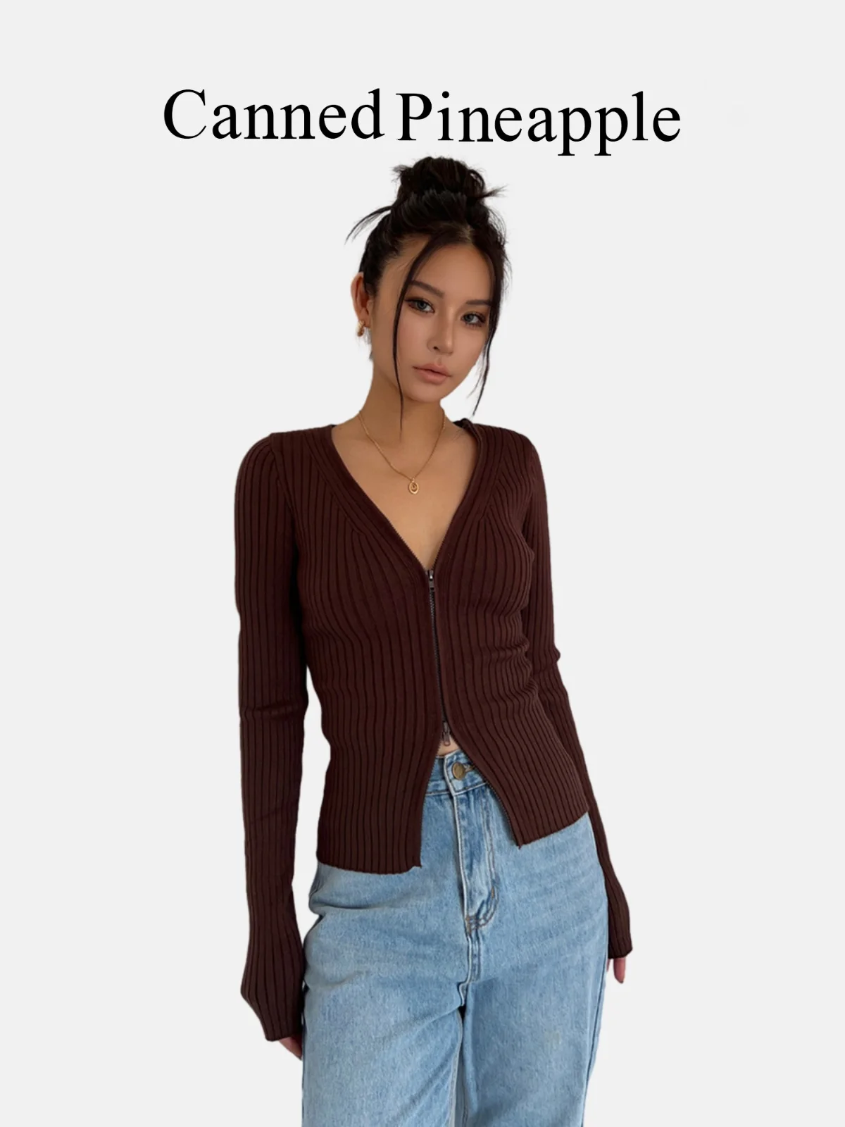 

Облегающий вязаный кардиган V-Ne с двойной молнией в полоску, женский весенне-осенний топ Faion Street Sle Long Sve Top