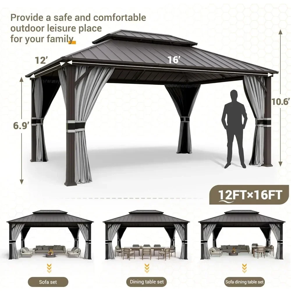 Gazebo, Galvanized Steel Double Roof Permanent Aluminum Gazebo, Outdoor Metal Pergolas with Mosquito Netting and Curtains