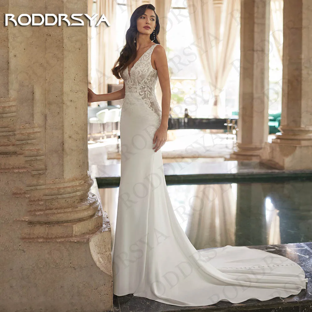 RODDRSYA حورية البحر بسيطة فساتين الزفاف بلا أكمام vestido novia الدانتيل الخامس الرقبة الوهم زين عارية الذراعين تمتد فستان العروس الساتان فستان زفاف حورية البحر بسيطة بلا أكمام فيستيدو نوفيا الرباط الخامس الرقبة الوهم