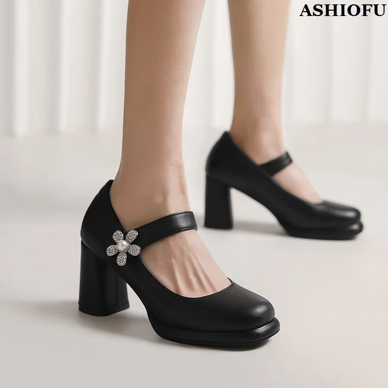 

ASHIOFU Handmade New Popular Style Ladies Pumps Mary Janes Daily Wear Black&White Party Dress Shoes Evening Fashion Summer Shoes