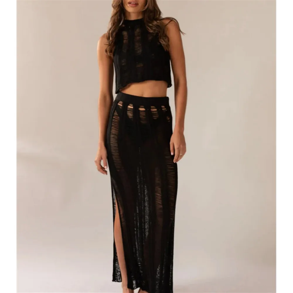 

Sexy Hollow Out Ripped Knitted Skirt Set Cropped Tank Top Sleeveless See Through Mock Neck Vest Knitwear Women Skirts Y2K Outfit